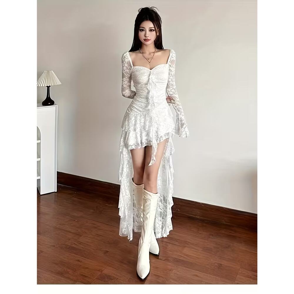 White Gothic Lace High-Low Maxi Dress Sheer Long Sleeve Fairycore Y2K (Size L) - Picture 5 of 5